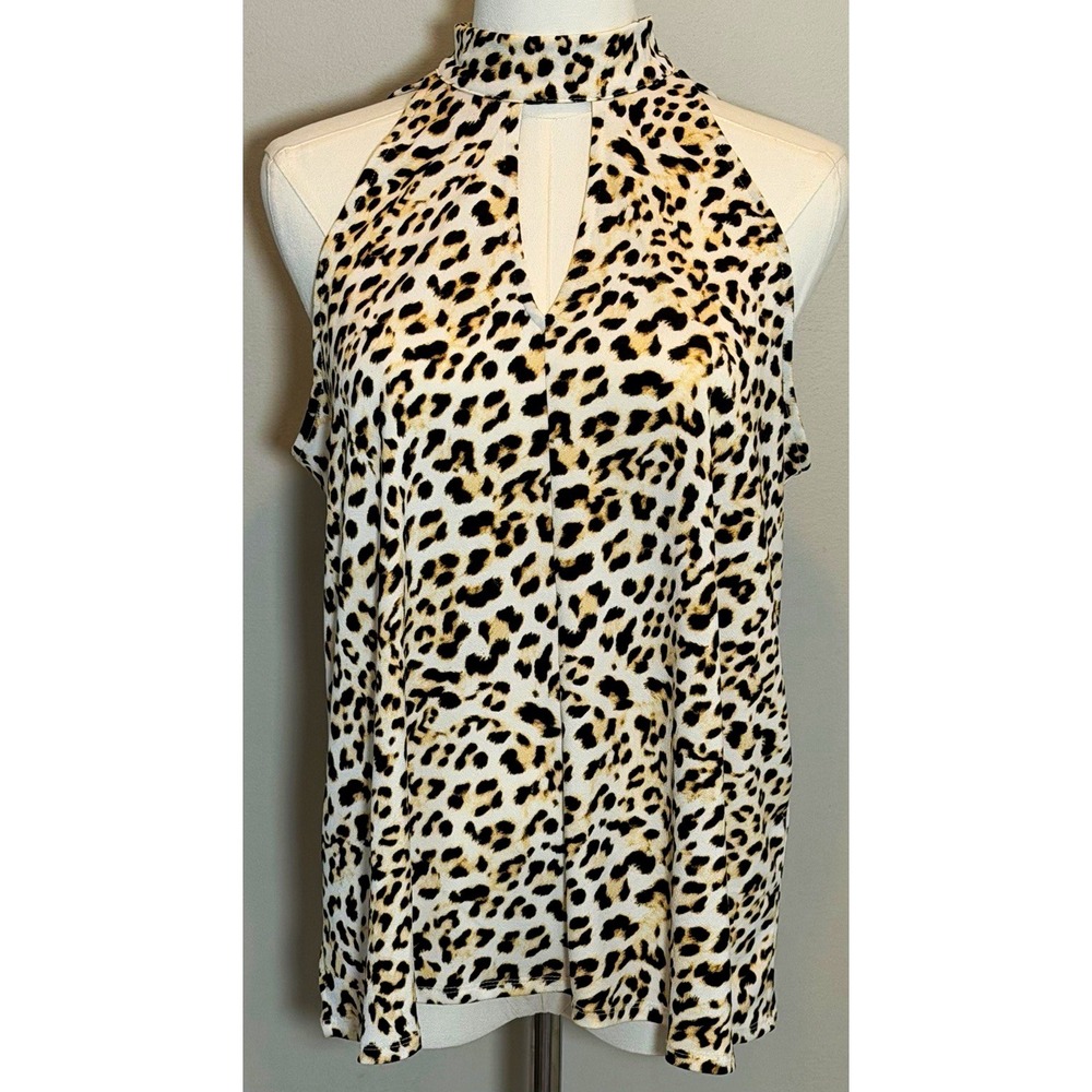 Banana Republic Beige Black Animal Print Keyhole Halter Tie Blouse Women M